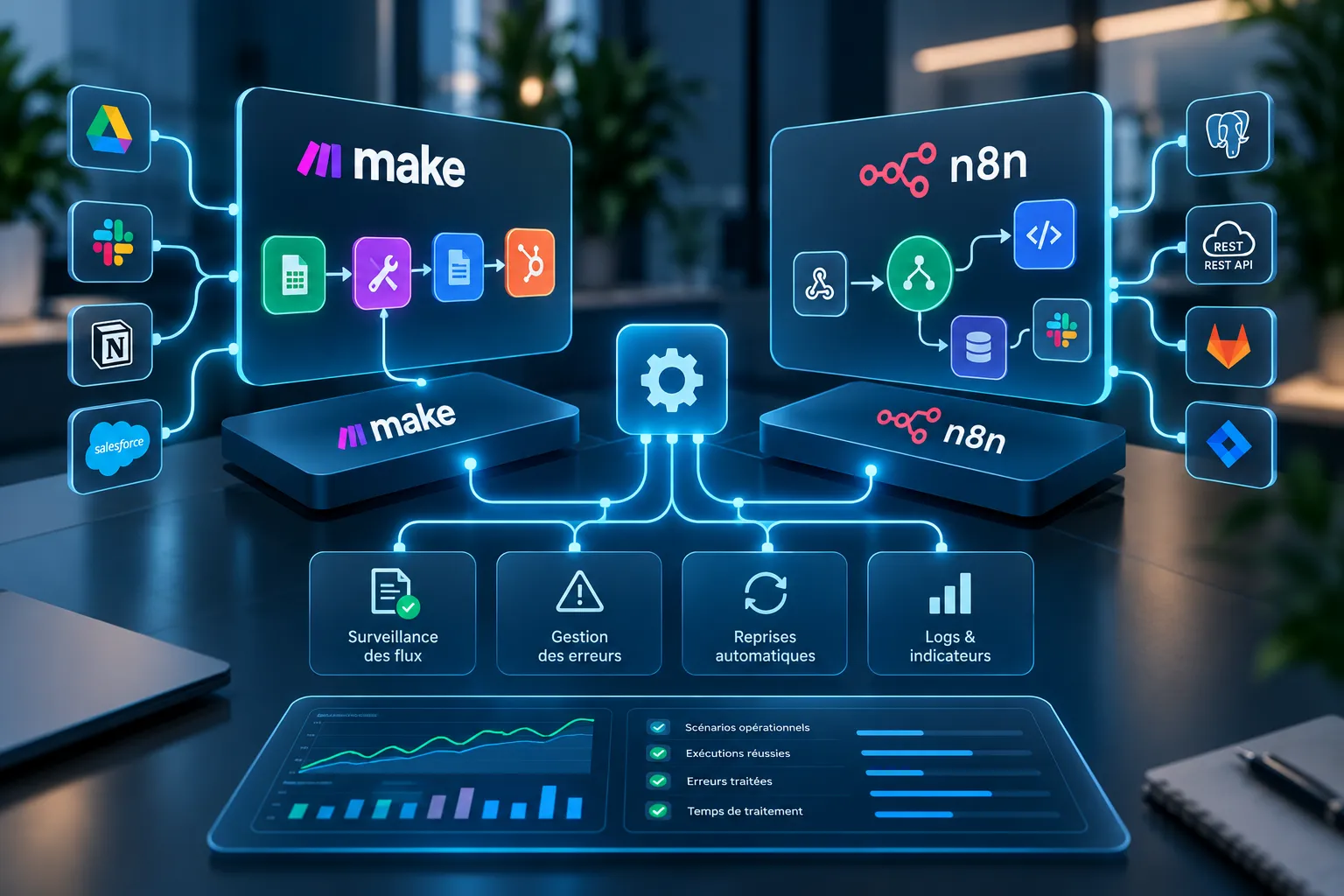 Illustration des outils Make et n8n
