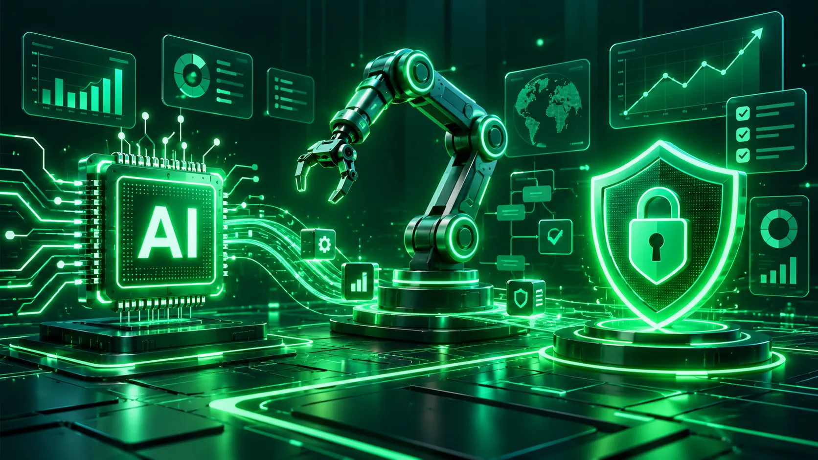 Illustration du trio IA, automatisation et cybersécurité